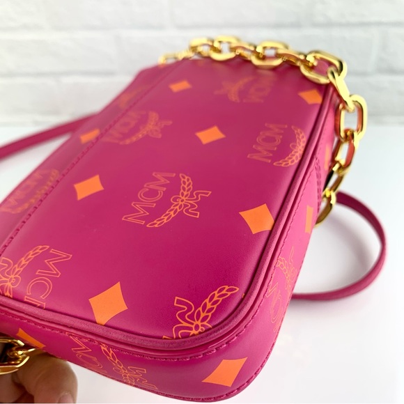 MCM Visetos Mini Zip Pouch Splash Logo Crossbody Bag Pink $650 - Picture 7 of 15
